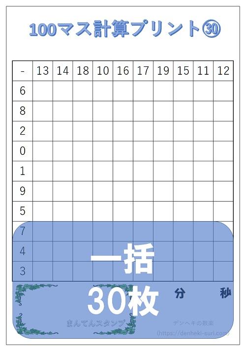 100マス計算「引き算右利き用」一括。無料ダウンロード。