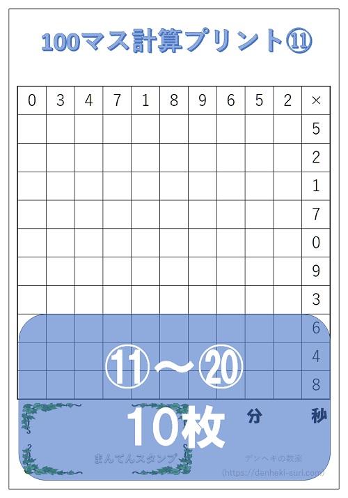 100マス計算「かけ算左利き用」11-20。無料ダウンロード。