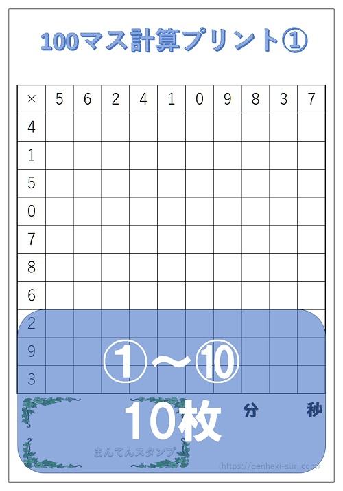 100マス計算「かけ算右利き用」1-10。無料ダウンロード。