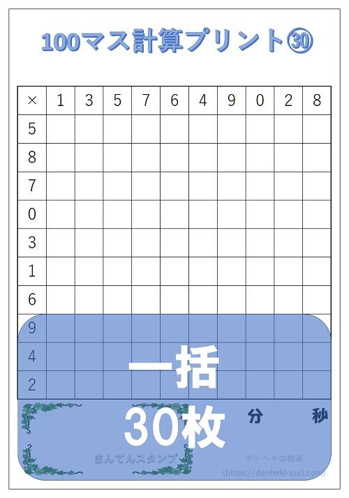 100マス計算「かけ算右利き用」一括。無料ダウンロード。