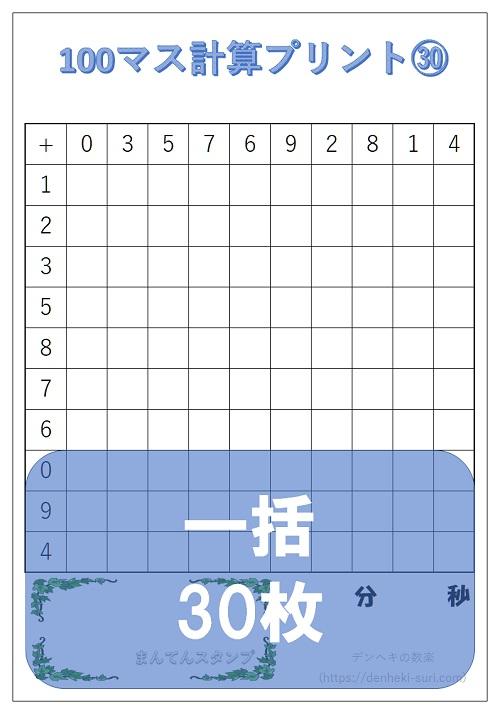 100マス計算「たし算右利き用」一括。無料ダウンロード。